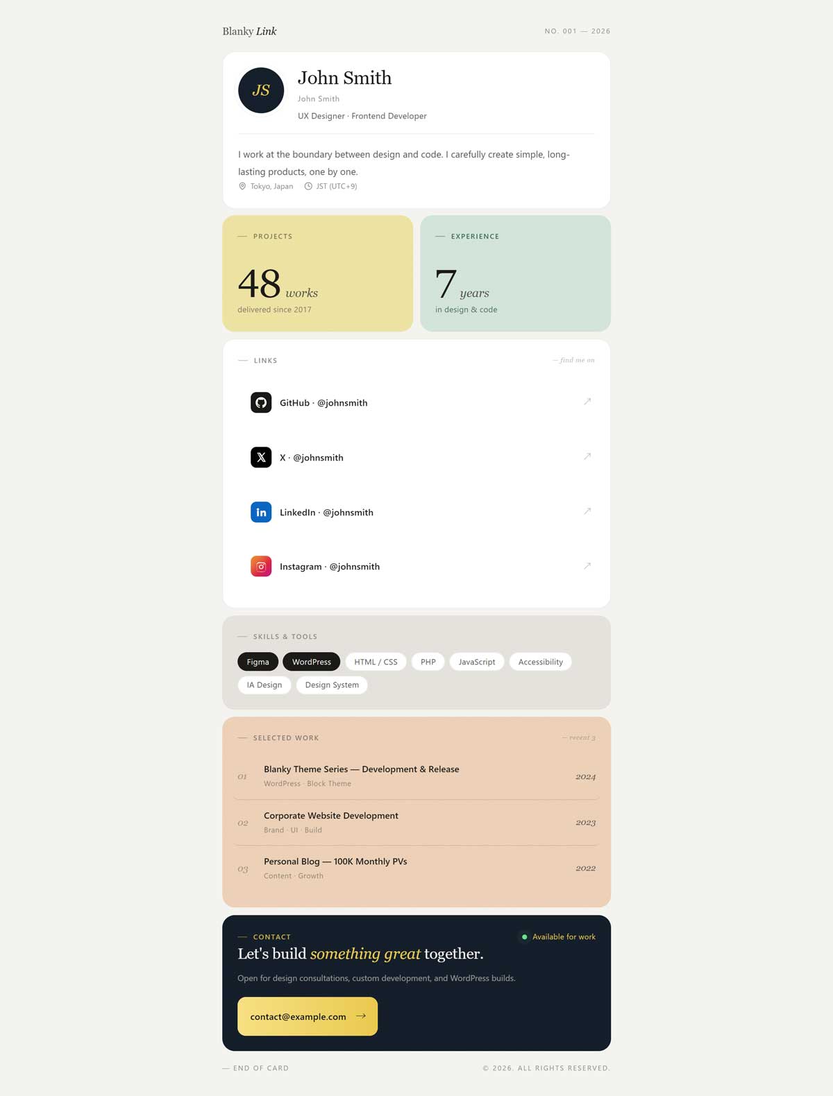 Blanky Link のデスクトップ表示 — プロフィールカード・SNSリンク・スタッツ等のベントーグリッドレイアウト