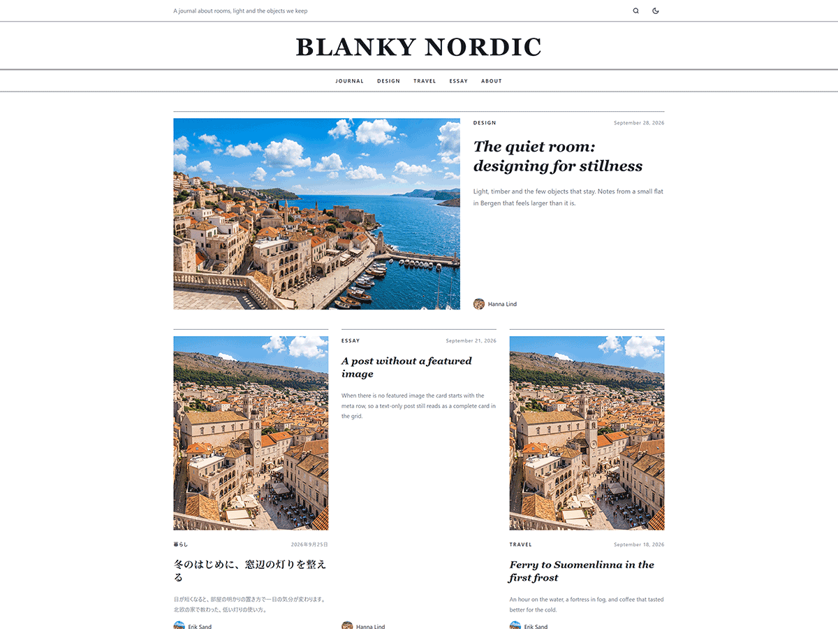 Blanky Nordic のトップ。題字型のヘッダー、大きな1件目、カードのグリッド