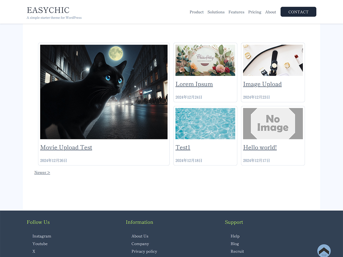 Easychic のデモサイト。ヘッダー、記事の一覧、右のサイドバーが並んだトップページ